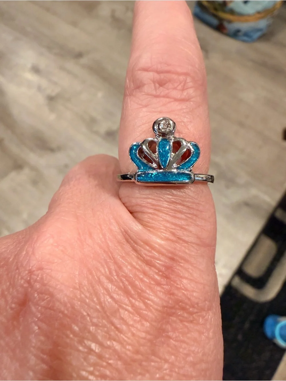 Silver Crown Ring with Teal Blue Enamel accent size 9